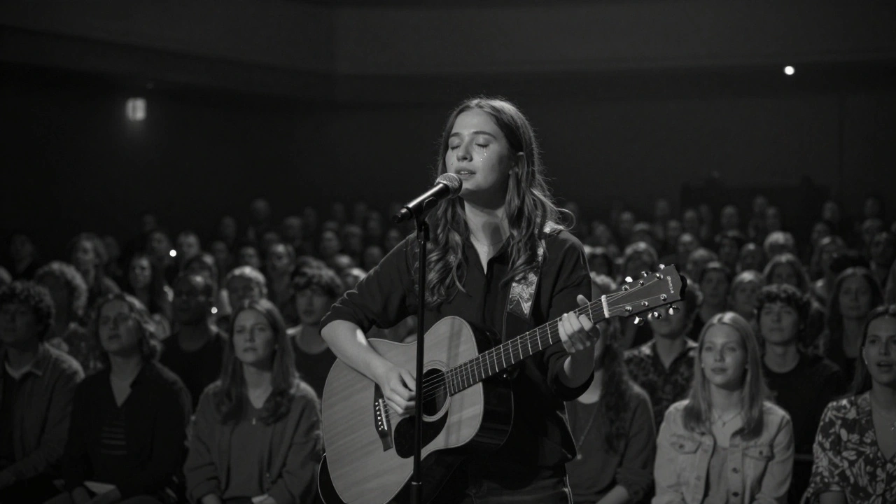 Alli Starr listening silently as the audience sings back to her, tears on her face, in a darkened venue lit only by a single spotlight.