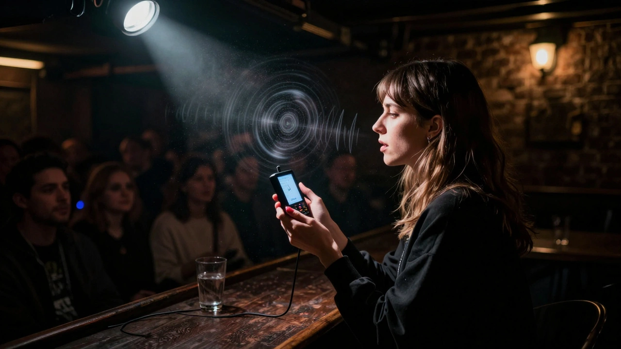 Alli Starr measures room acoustics in a small London basement with a handheld device, sound waves visible in the air.