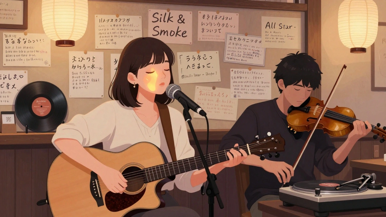 Alli Starr performing acoustically in a cozy Tokyo café with a violinist, lit by soft lantern glow.