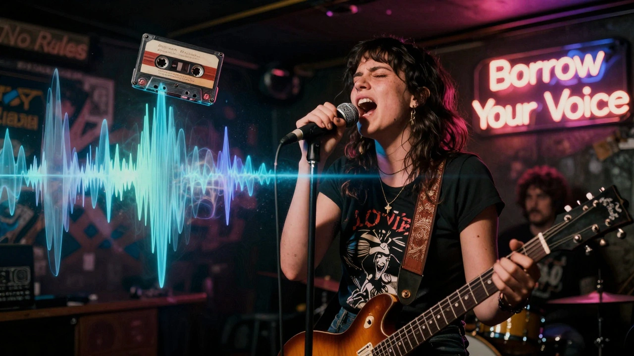 Alli Starr performing live at a punk show, her voice visually represented as layered sound waves of different genres swirling around her.