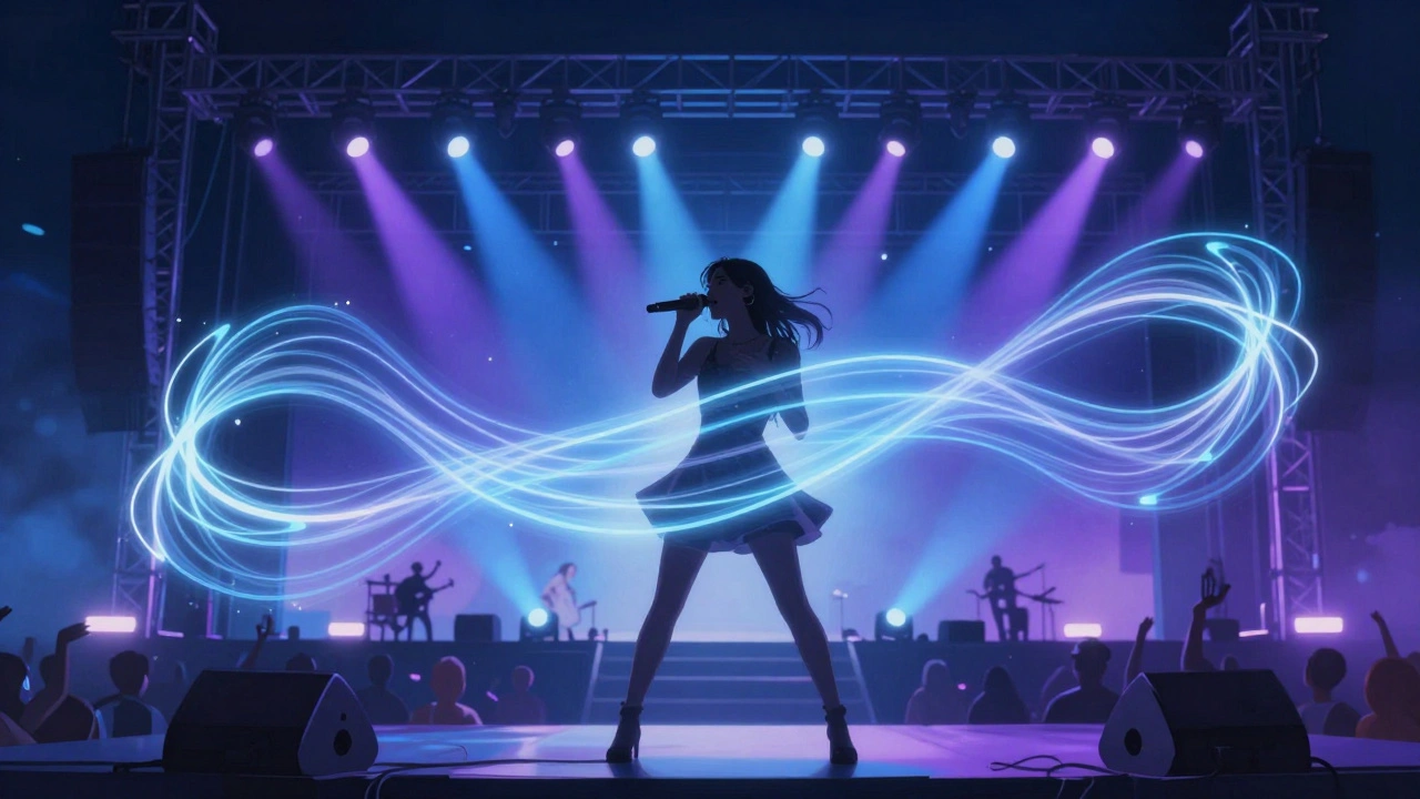 Alli Starr performing live on a festival stage, harmonies visually represented as glowing sound layers behind the lead singer.