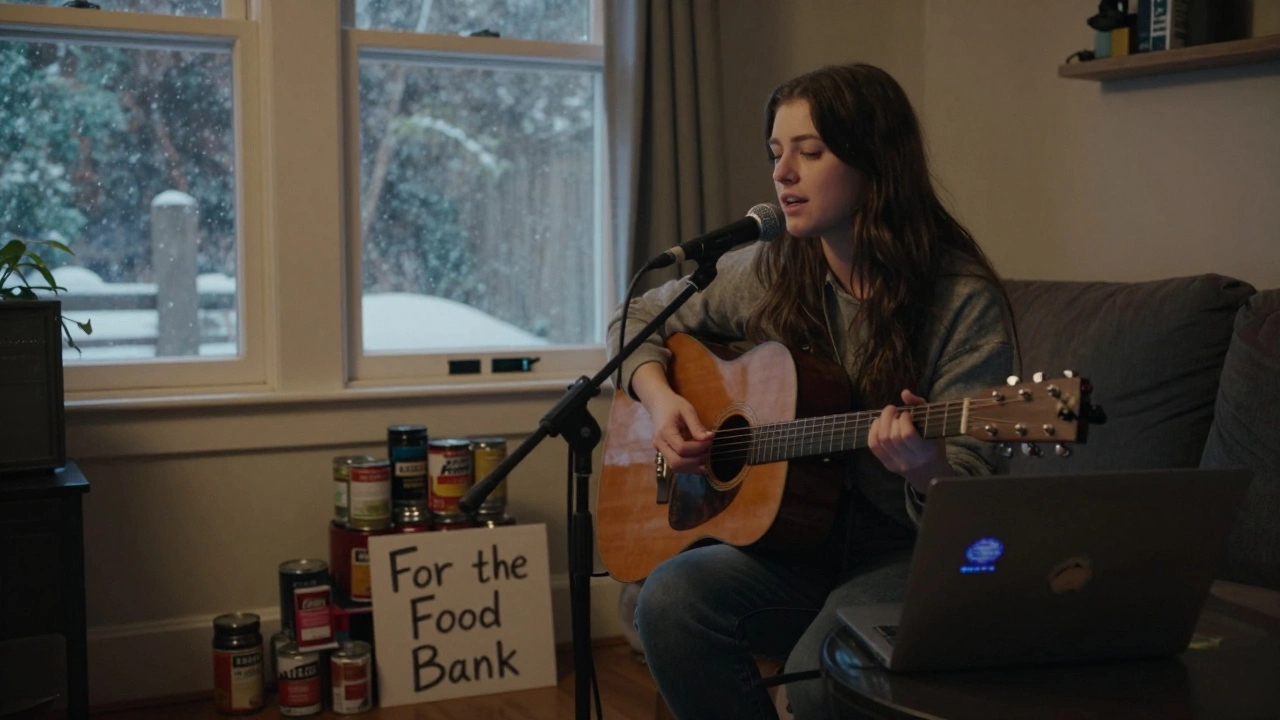 Alli Starr performs an acoustic livestream in her living room during the pandemic, with canned goods and a donation sign nearby.