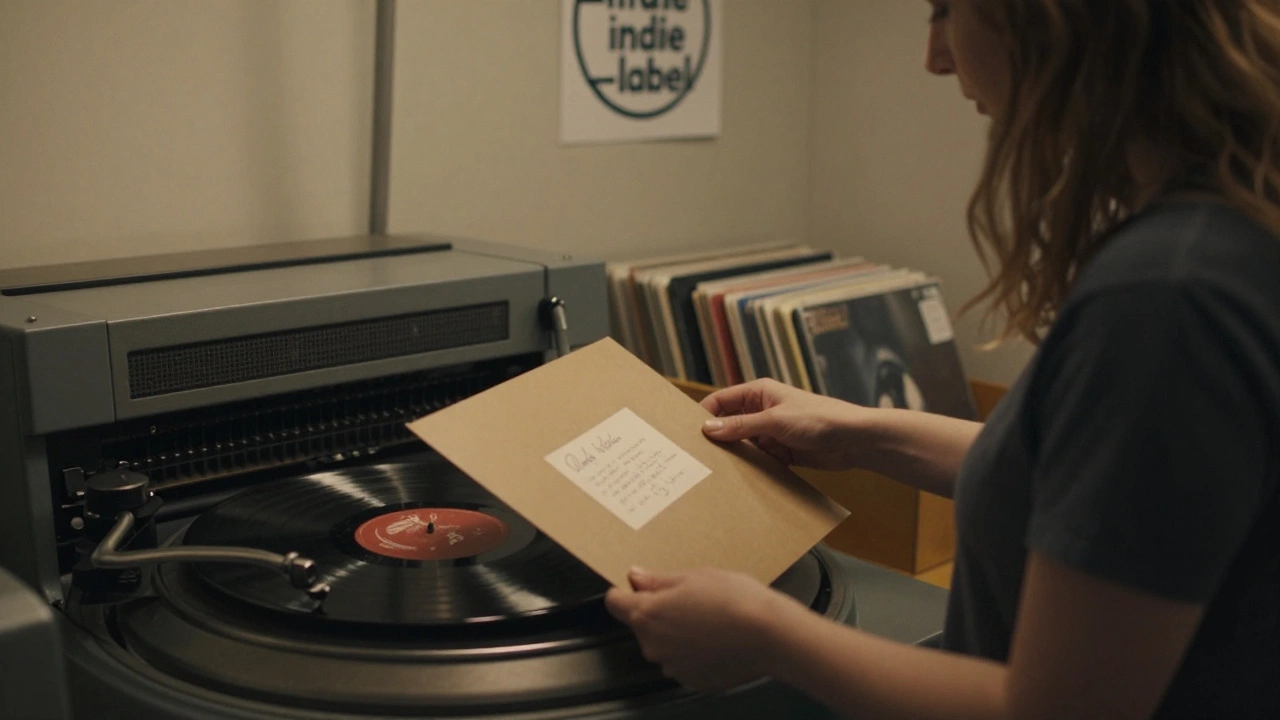 Alli Starr placing a handwritten note into a handmade vinyl record being pressed at a small studio.