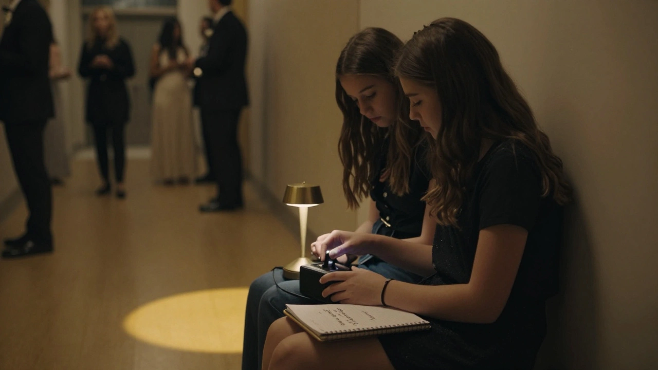 Alli Starr shares music with a young girl in a quiet hallway at the Grammy afterparty.