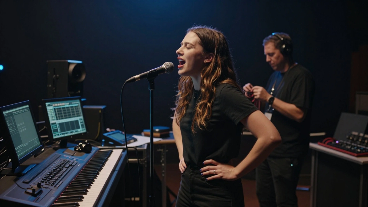 Alli Starr singing during soundcheck, spotlight on her, engineers adjusting equipment, a loose cable being fixed in the background.