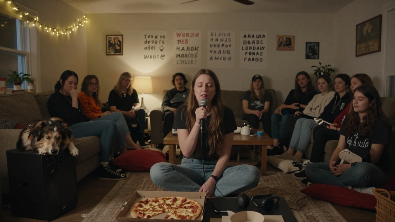 Alli Starr singing in a basement living room with 17 people listening, a dog sleeping on a speaker, fairy lights in the background.