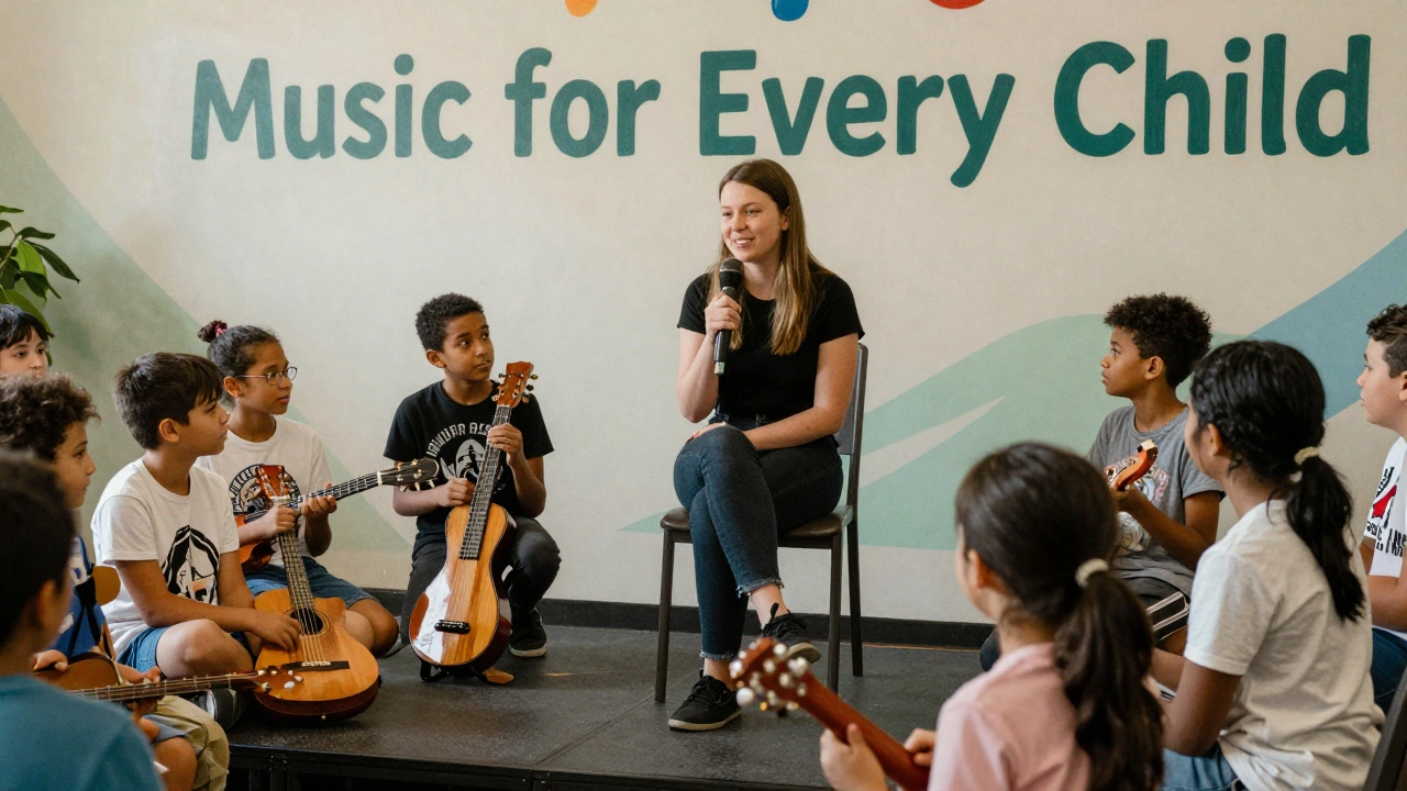 Alli Starr speaking at a community event where children hold donated musical instruments.
