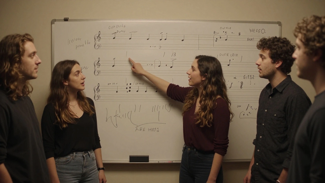Alli Starr teaching a group using a whiteboard covered in vocal cues, singers mid-performance with emotional connection.