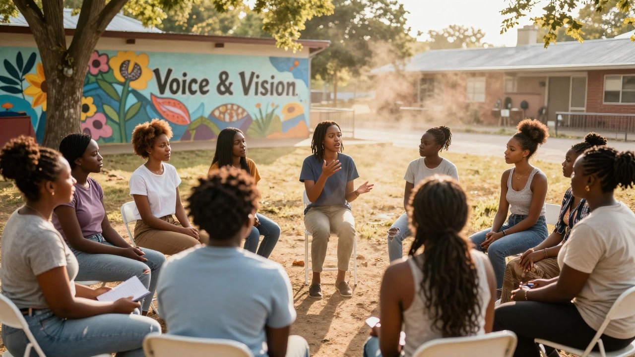 Alli Starr teaching young artists in a community center, golden light filtering through trees.
