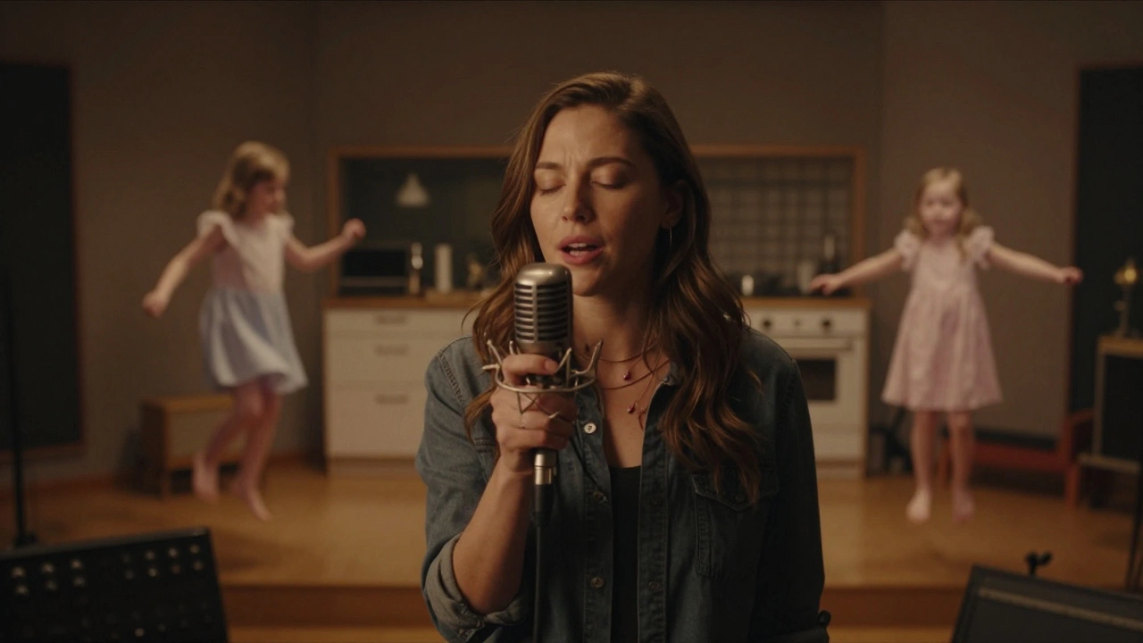 An adult musician singing in a studio, with faint ghostly images of her childhood self beside her.