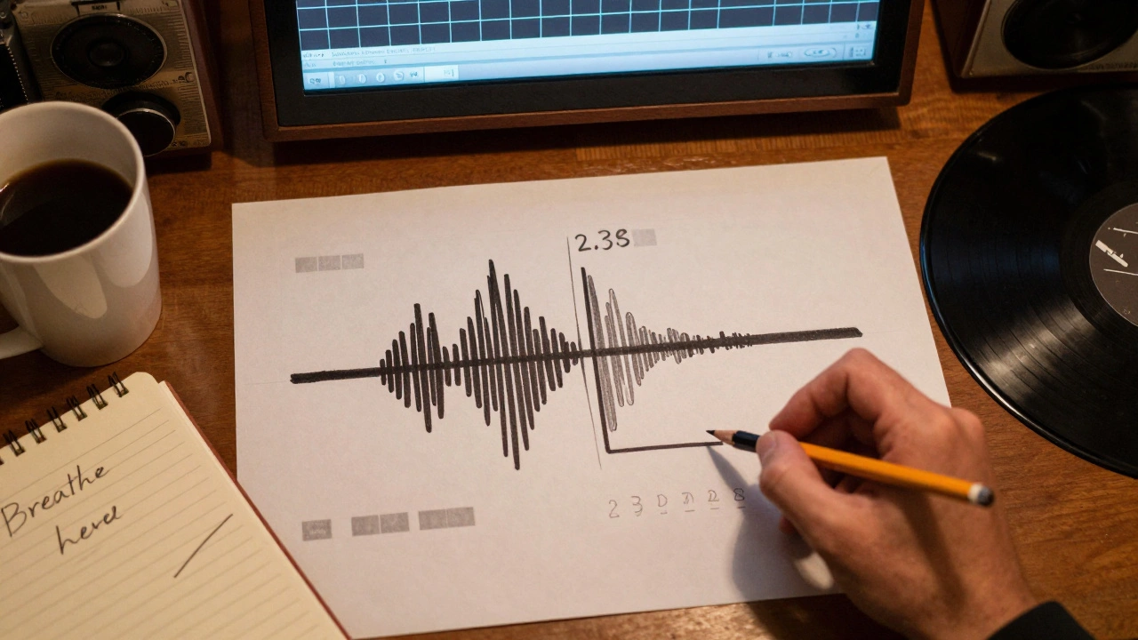 An audio engineer's timeline showing a deliberate 2.3-second silence between vocal tracks.