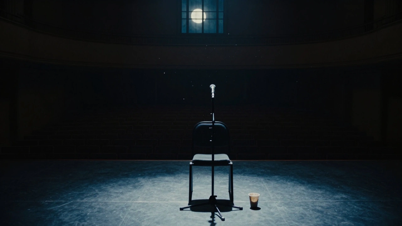 An empty concert hall with a single chair and coffee cup, moonlight casting silence in the space.