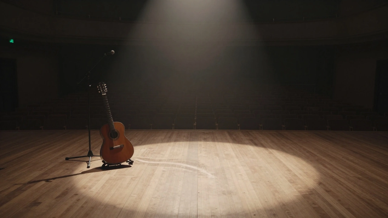An empty concert stage with a single spotlight, microphone abandoned, evoking emotional stillness.