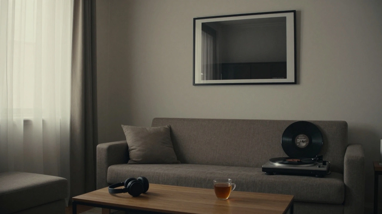 An empty room at dawn with headphones on a table, a vinyl record playing in silence after the music ends.