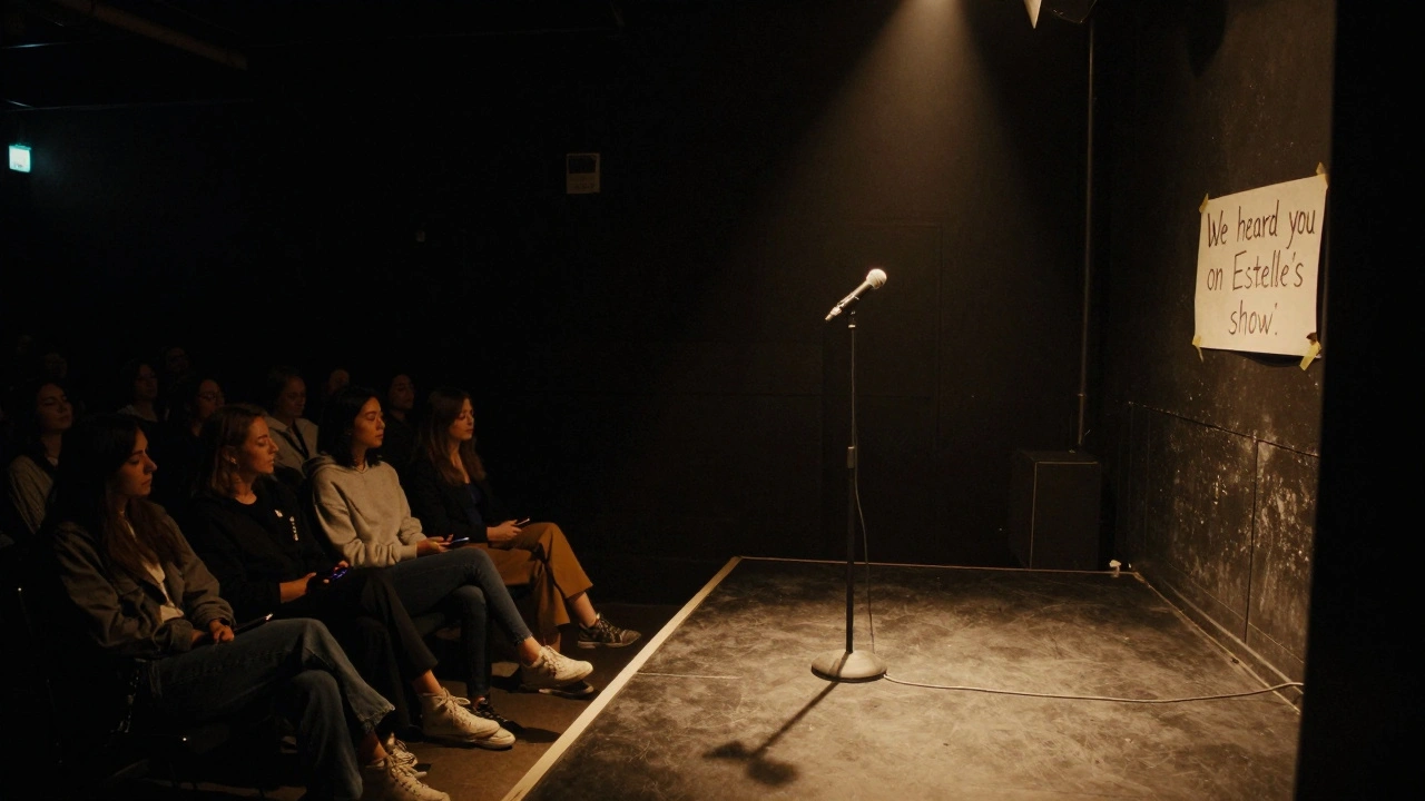 An empty stage with a spotlight on a microphone, a handwritten sign reading 'We heard you on Estelle’s show,' and silhouetted listeners in the dark.