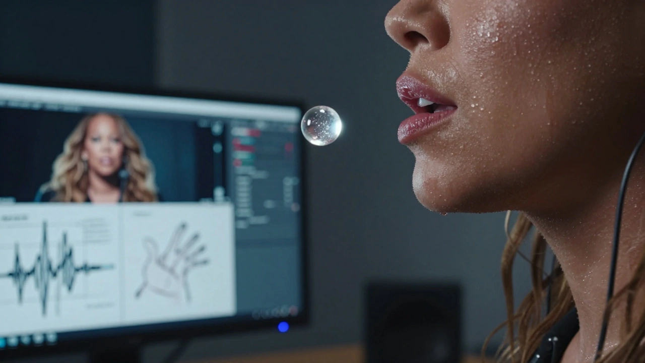 Close-up of a singer’s throat mid-performance, with a glowing whistle note above her head and vocal waveforms visible in the background.