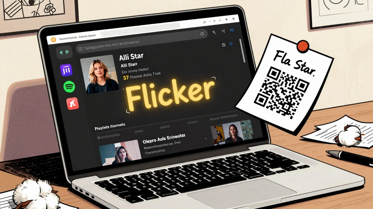 Digital playlist dashboard with 'Flicker' added to 37 playlists, handwritten note with QR code nearby, Spotify and Apple Music icons.