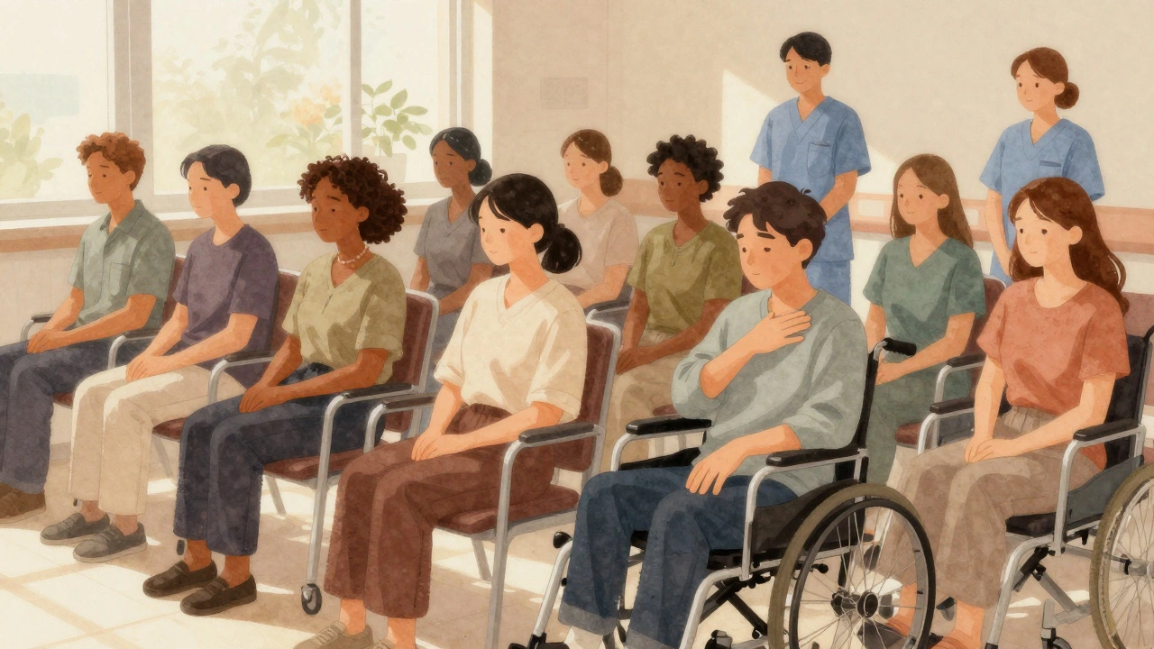 Diverse individuals in a hospital waiting room gently mirroring therapeutic movements, bathed in soft sunlight.