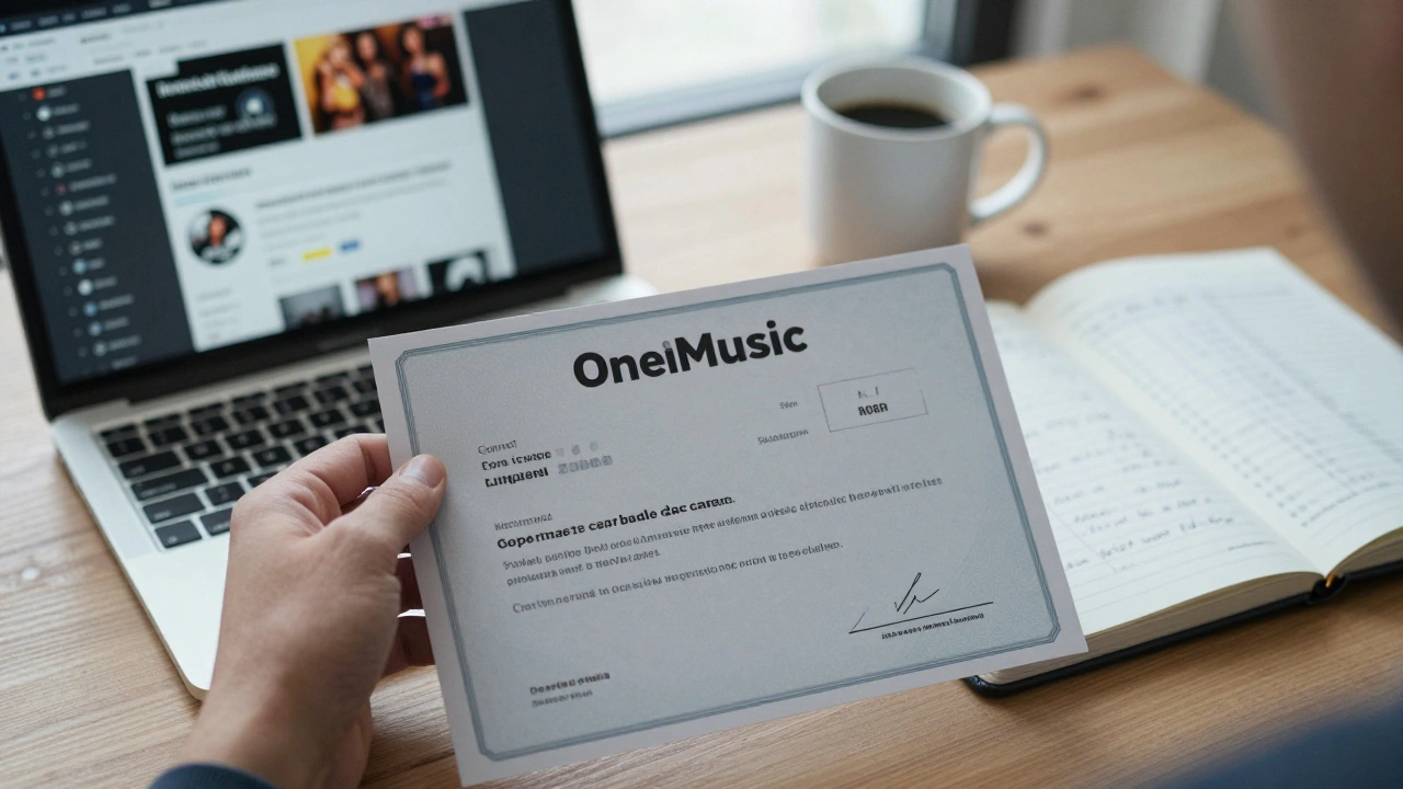 Hand holding a digital karaoke license certificate next to a laptop with song logs