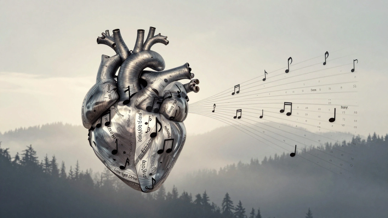 Heart composed of music notes labeled with playlist names, radiating sound waves toward a calendar marked in 6-8 week intervals.