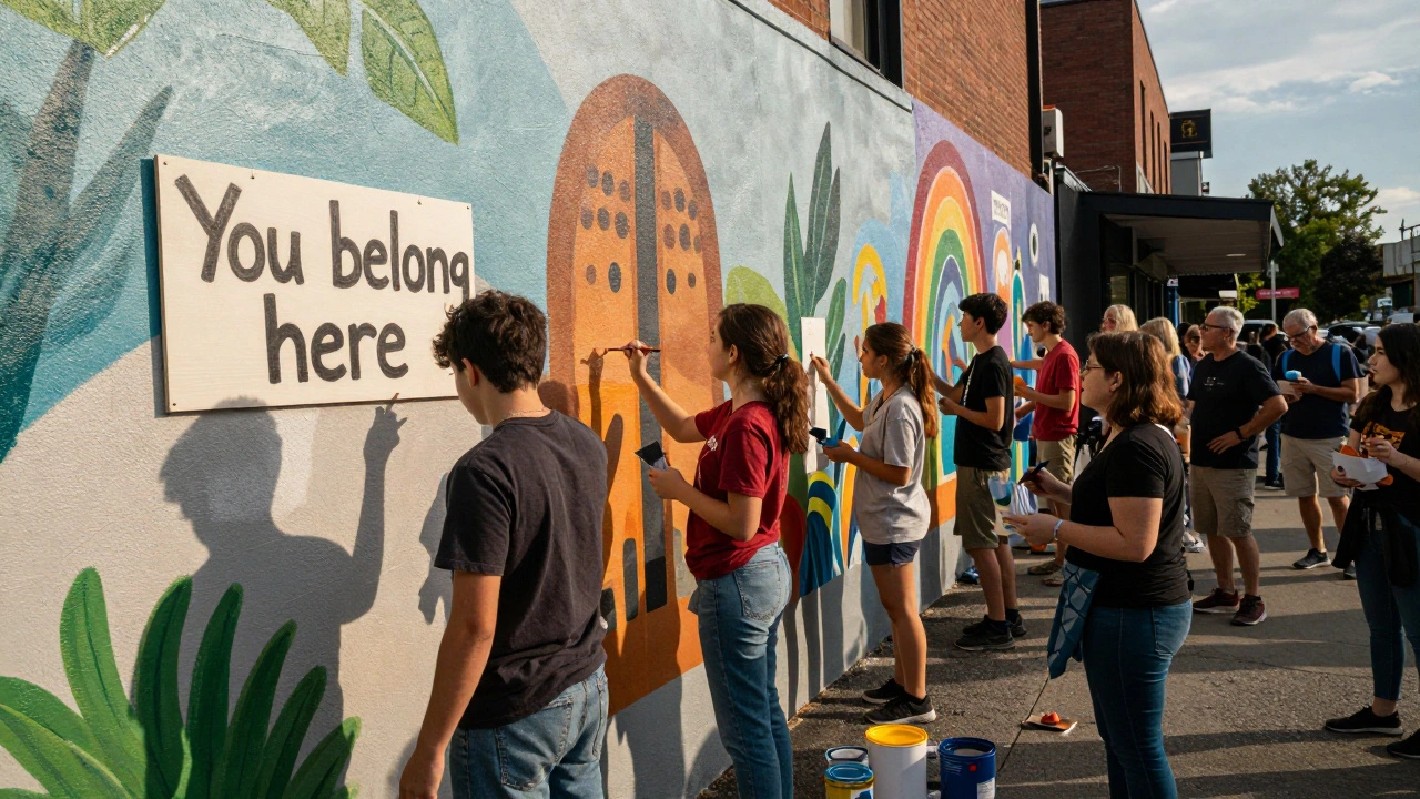 Locals of all ages painting a vibrant mural together on a neighborhood wall, with a simple 'You belong here' sign visible.