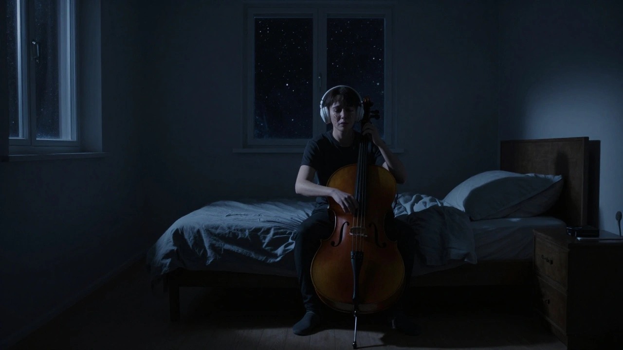 Someone alone at night listening to music, tears falling as silence fills the room.