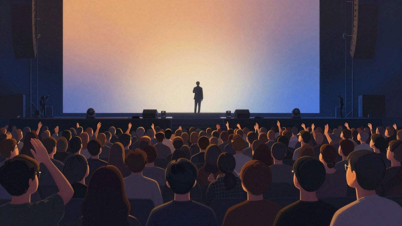 Subtle lighting shifts in a Seoul arena respond to audience emotion, with a lone artist in silhouette against gradient tones.