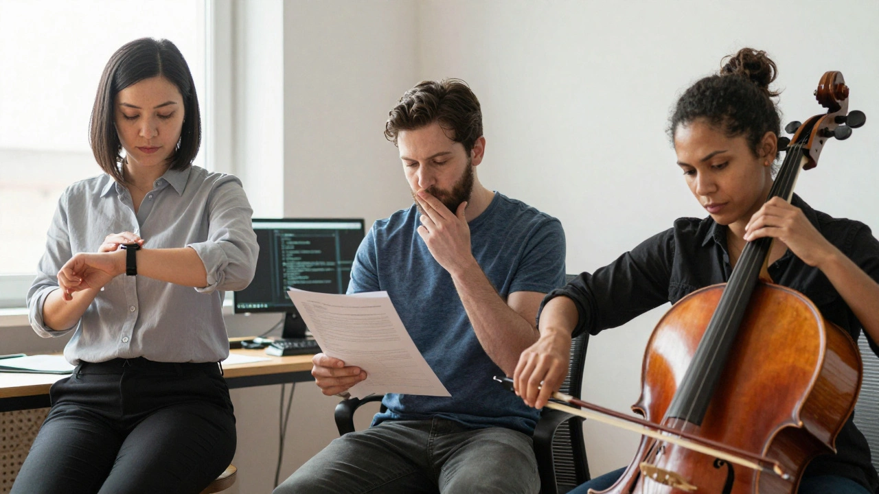 Three professionals in daily life using simple rituals — a watch, a mouse, a bow — to regain focus before performing.