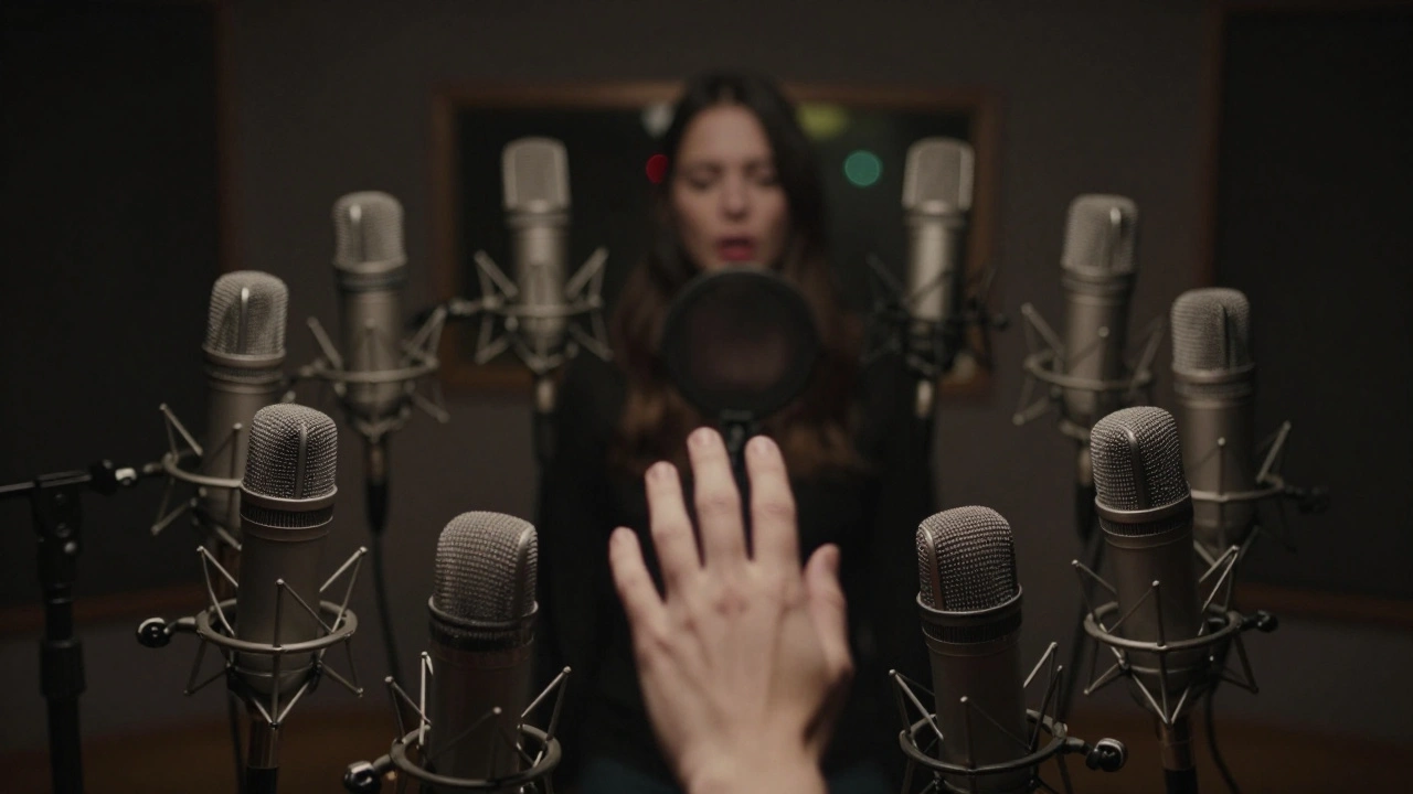 Twelve microphones capturing different emotional vocal takes, with three selected in a studio setting, soft lighting.