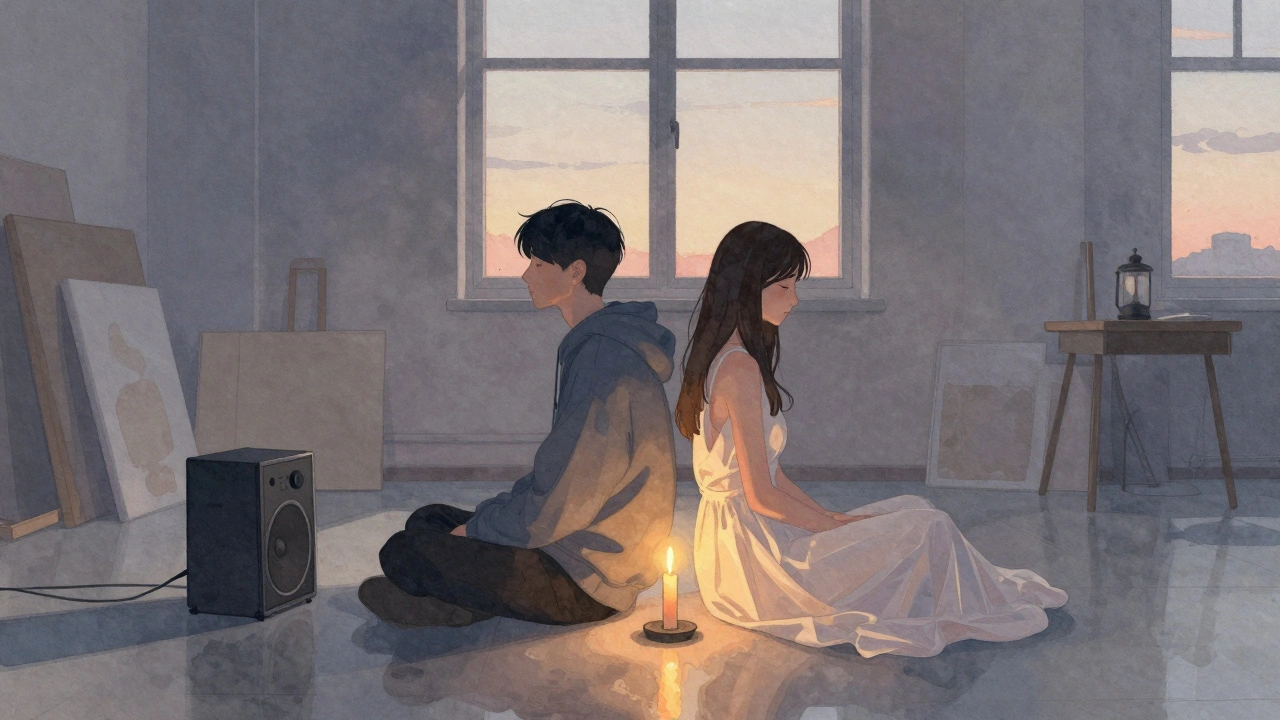 Two artists sit back-to-back in silence, listening to music together, a candle burning between them at dawn.