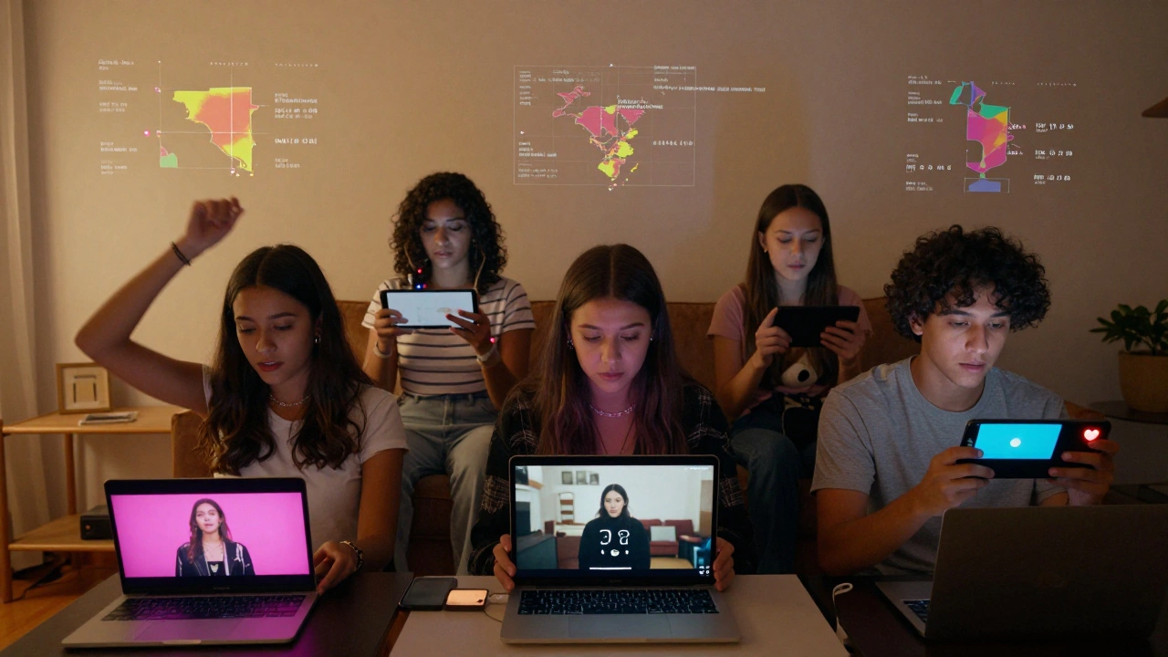 Young fans from different countries watching and sharing a music video on their devices, one dancing in her living room.