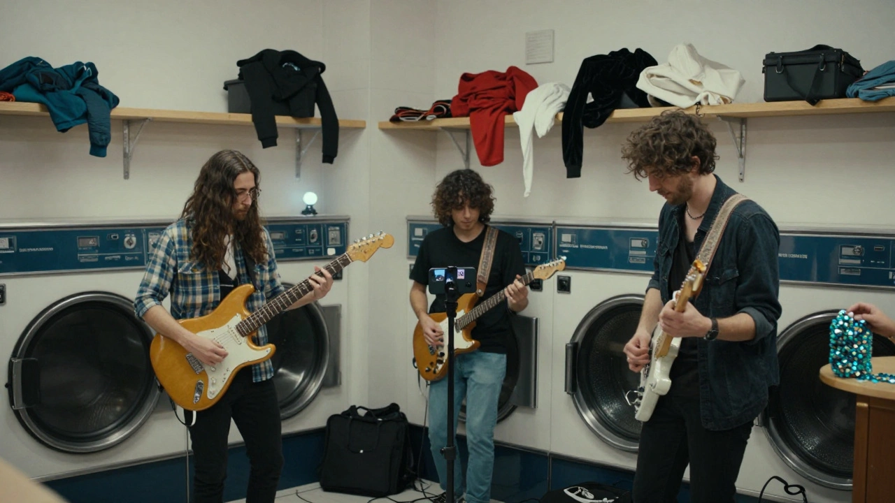 A band performs inside a laundromat as dryers spin, filmed with a smartphone and natural light.