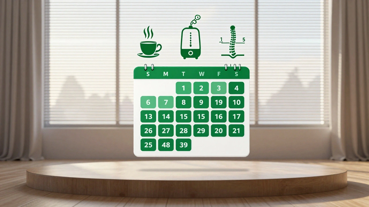 A calendar with recovery blocks and vocal health symbols above an empty stage at dawn.