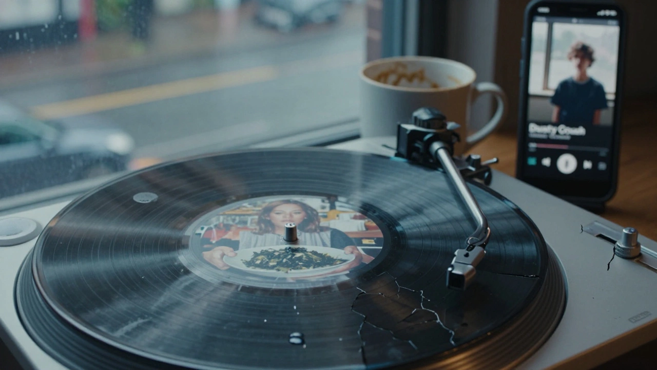 A cracked vinyl record of 'Luxury Soul Family 2021' spinning, with a tear on its surface and a rainy window behind.