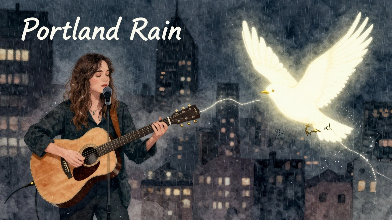 A dark cityscape blends into a flying bird, symbolizing emotional transition from original song to cover.