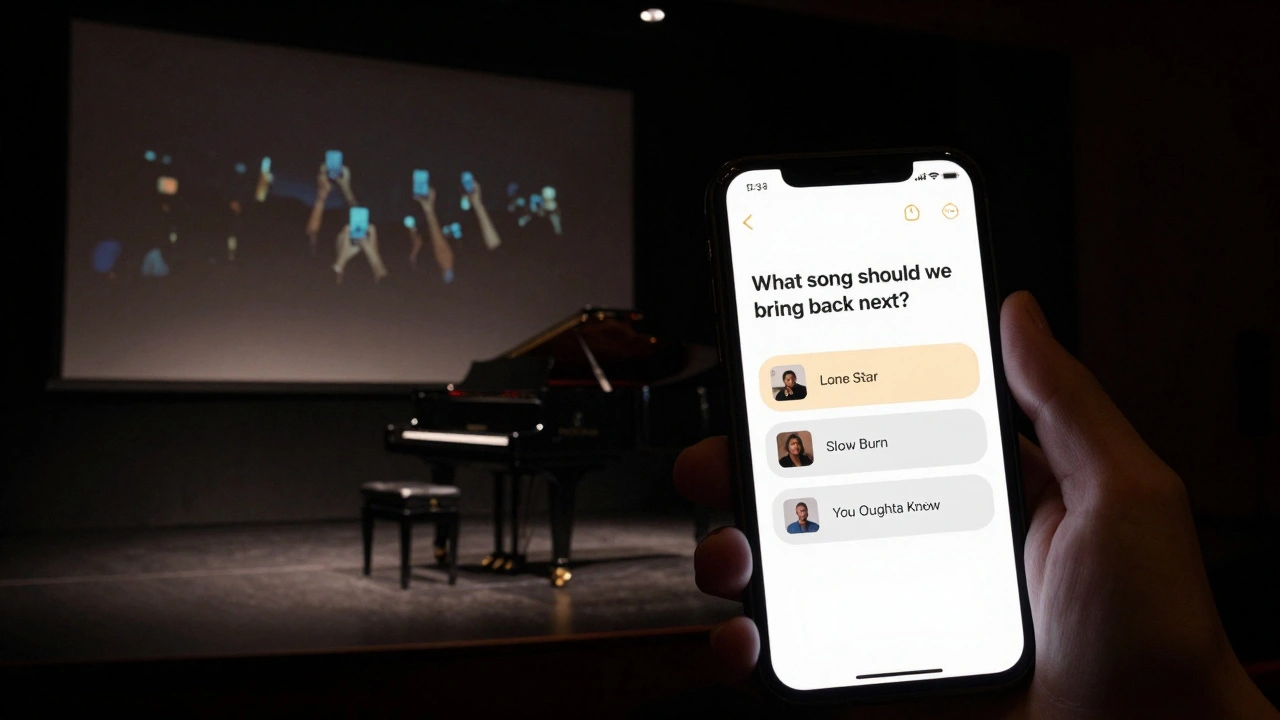 A fan votes on a song to be played next during a live show, with a piano and spotlight on stage behind them.