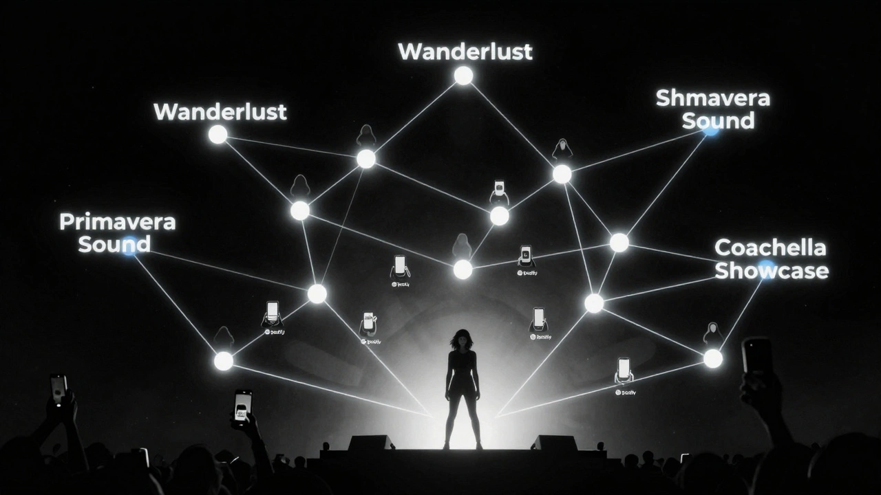 A glowing network map linking 12 music festivals to Alli Starr, with fan silhouettes rising like stars.
