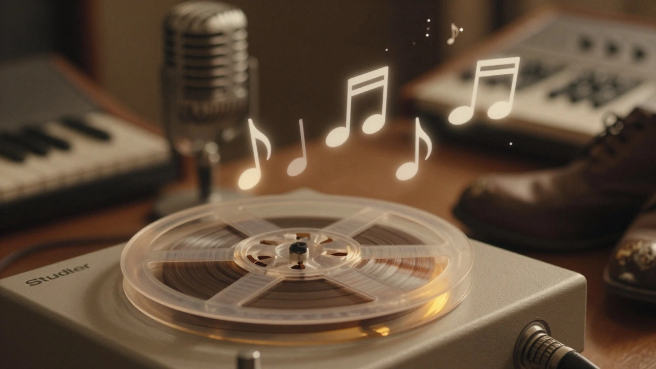 A glowing tape reel with floating musical notes blending across decades of sound.