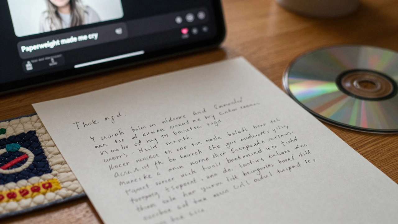 A handwritten letter beside a quilt made from concert flyers and a home-recorded CD.