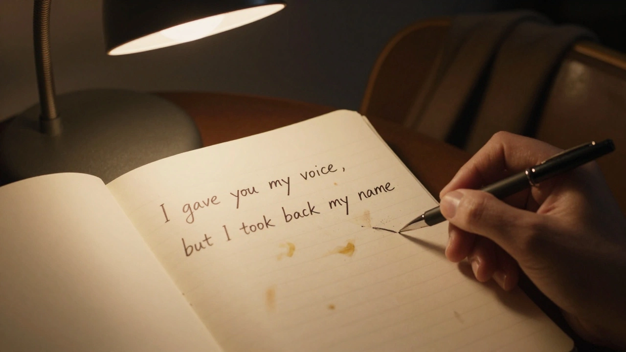 A handwritten lyric on paper with tear stains, a coat left on a chair, lit by a single lamp.