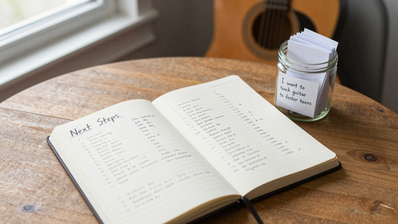 A handwritten notebook and donation jar with notes about community impact and next steps after a benefit event.