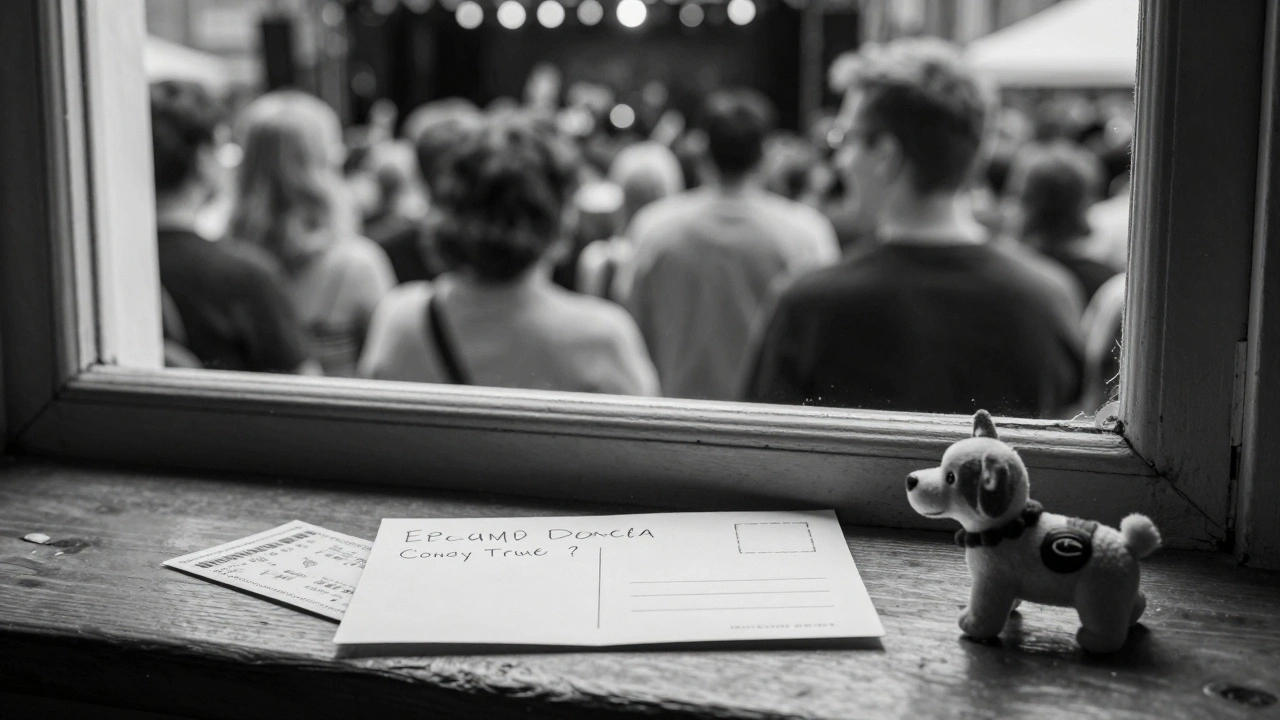 A handwritten postcard and concert ticket rest on a windowsill, with a blurred crowd behind, symbolizing unseen but meaningful community bonds.