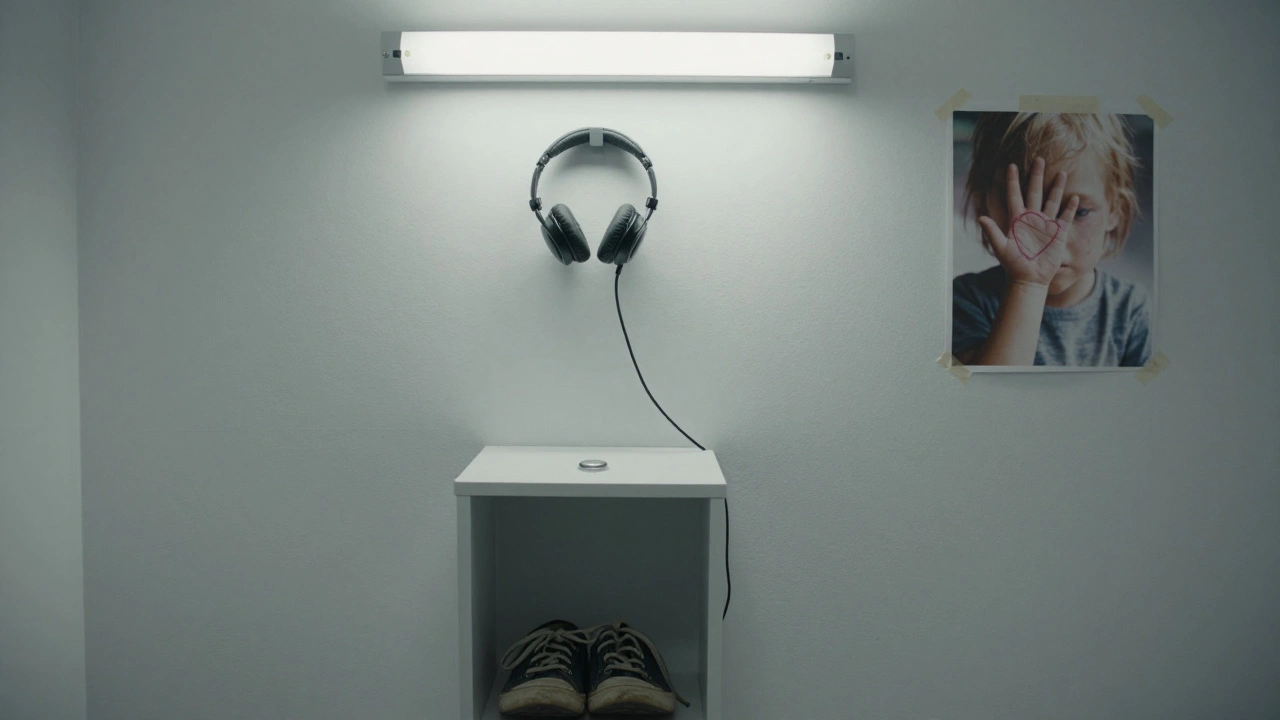 A hospice waiting room with a listening station and worn sneakers, illuminated by harsh fluorescent light.