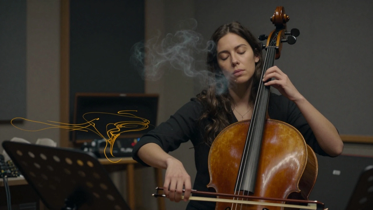 A musician playing cello in a studio, with another person whispering softly, golden sound waves shimmering around them.
