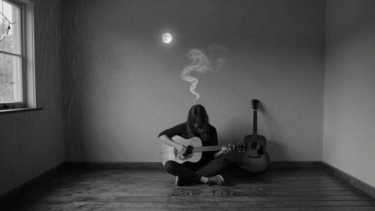 A person sitting alone in a quiet cabin at night, an acoustic guitar beside them, mist rising from their breath.
