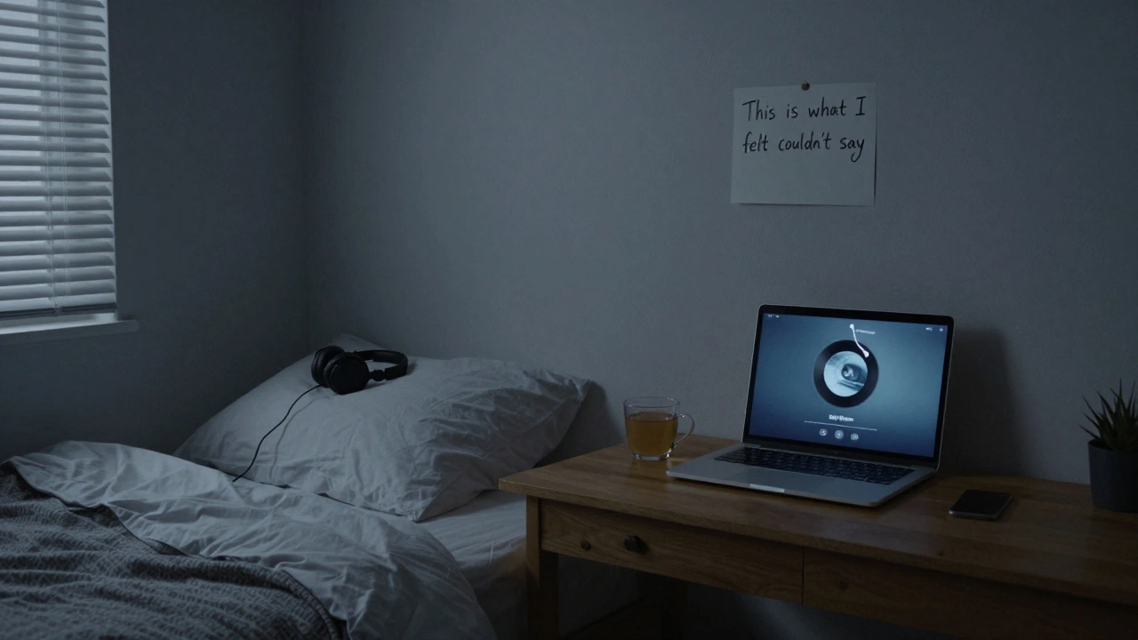 A quiet bedroom at night with headphones on a pillow and an album playing, moonlight filtering through blinds.