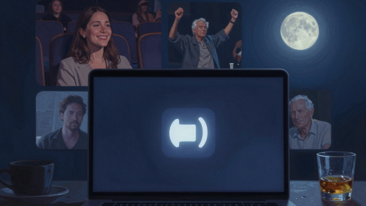 A quiet digital moment with a voice memo icon glowing on a laptop, surrounded by abstract memories of concert-goers.