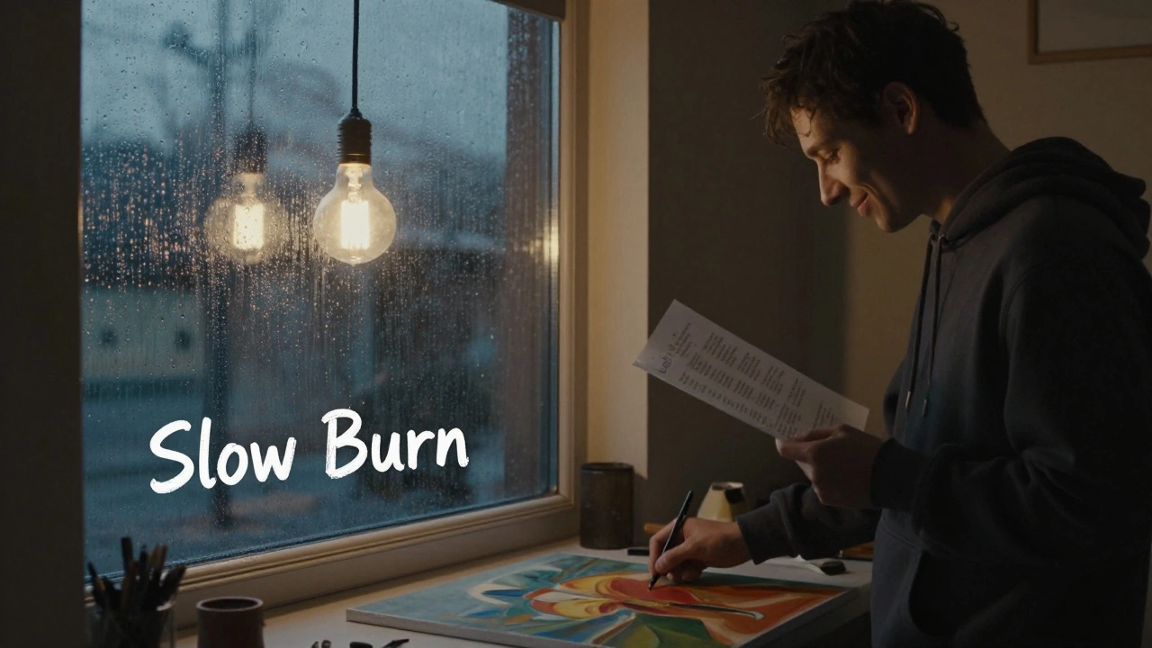 A rain-streaked window with a glowing bulb as album art, being placed on a table beside the artist who inspired it.