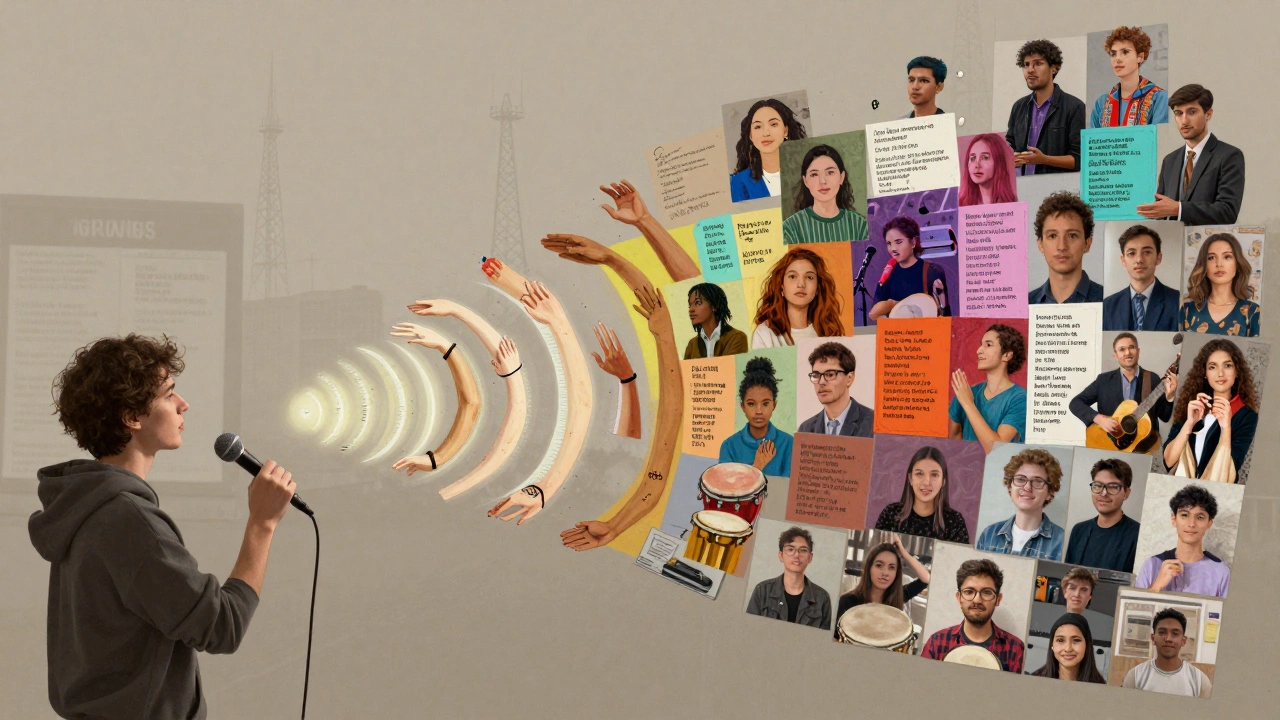 A ripple effect of voices and hands emerging from a microphone, symbolizing community stories spreading.