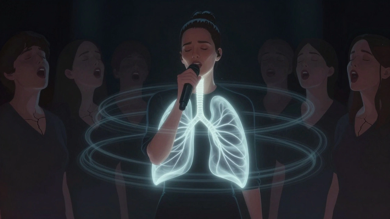 A singer on stage with glowing, flowing vocal cords, breathing with controlled 60-70% lung capacity.